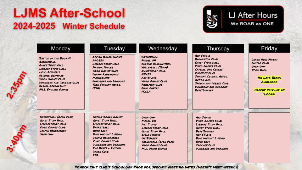 LJ After Hours Winter Schedule