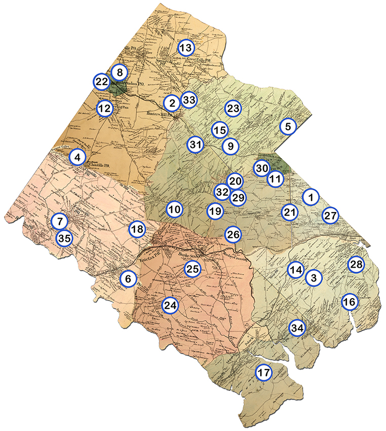 Map of Fairfax County with numbered circles placed over the locations of historic African-American communities.